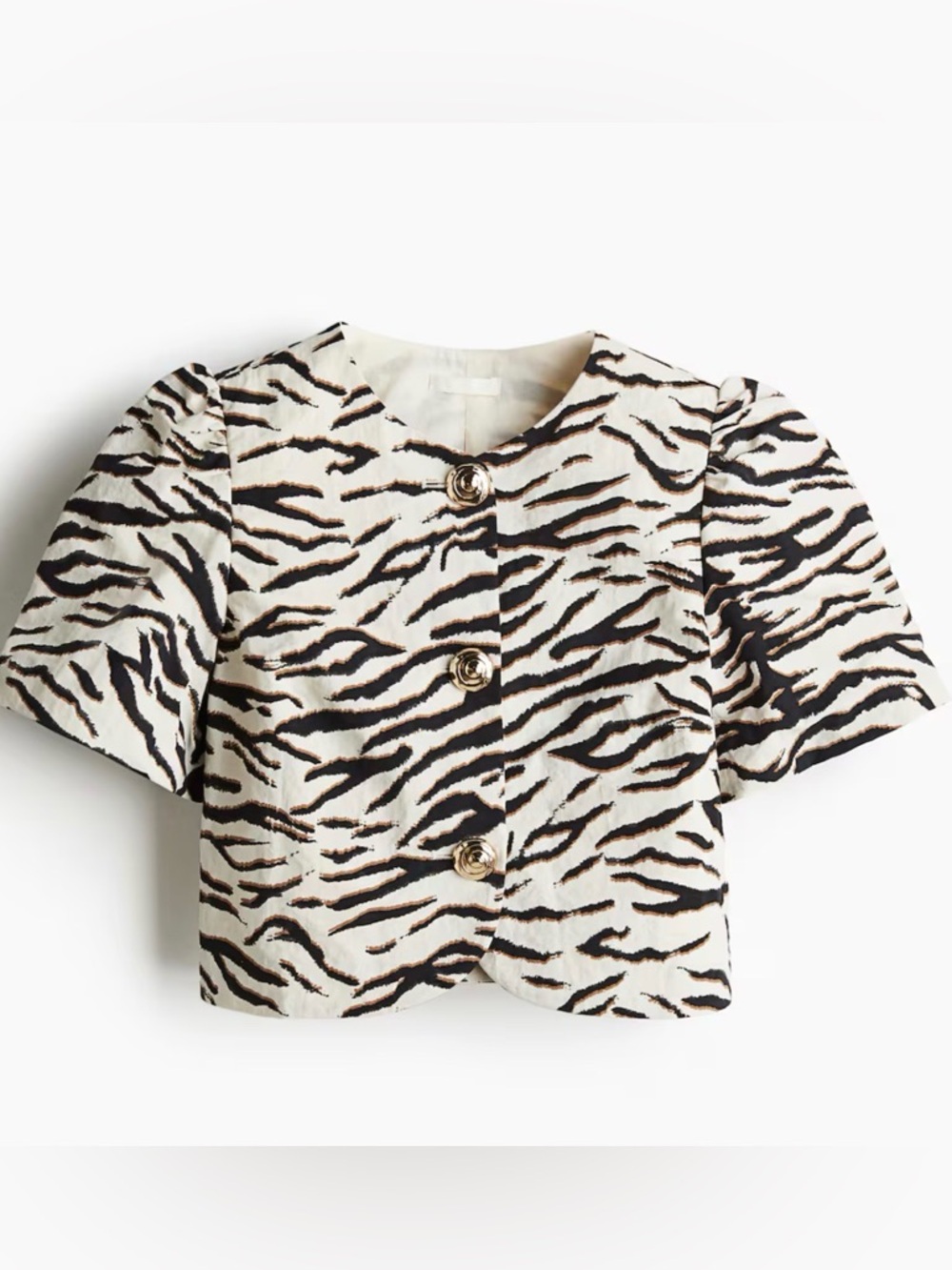 Cropped Tiger Print Button Front Top - Black & Cream